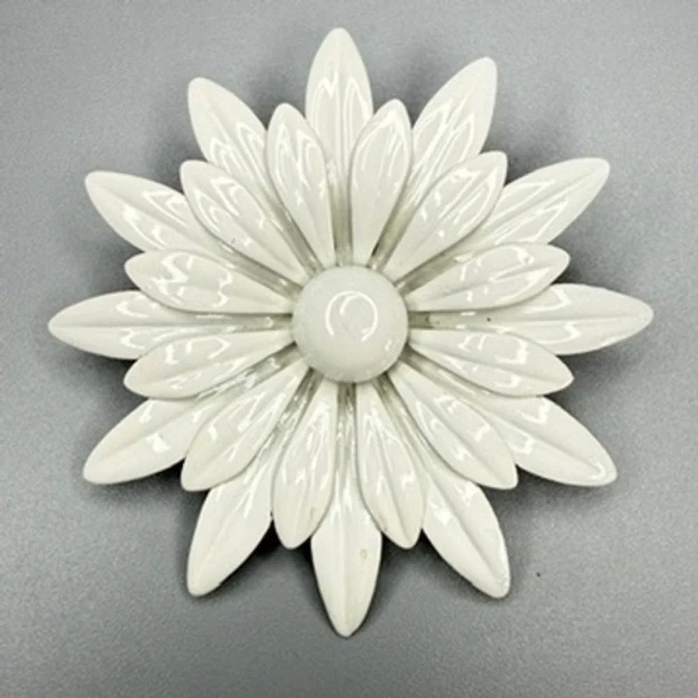 Vintage White Enamel Flower Brooch c. 1960s 3.5